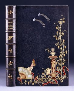 Cubierta superior del libro de dos estrellas fugaces, una antorcha, follaje, fauno en pedestal, putto y una pierna detrás de un abanico, 1893 de French School
