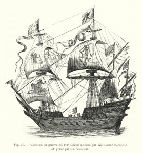 Buque de guerra del siglo XVI; diseñado por Guillaume Barendsz y grabado por Cl Visscher de French School