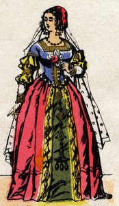 Dinastía de Valois: Retrato de Leonor de Habsburgo o Austria (1498-1558) Reina de Francia, esposa de Francisco I (1494-1547). Imagen de Epinal de finales del siglo XIX. Colección privada. de French School