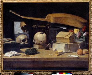 Vanitas Naturaleza muerta con baraja de cartas, instrumento y calavera de French School