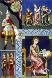 Varios trajes del siglo IX. Ilustración tomada de "Francia en el siglo IX". de French School