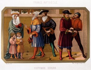 Varios trajes de la burguesía en el siglo XVI - cromolitografía. Siglo XIX basada en documento de época de French School