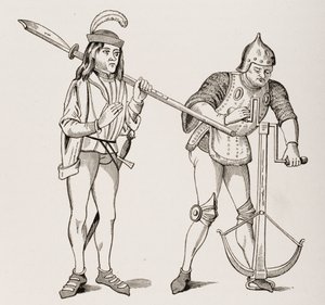 Escudero llevando una alabarda de hoja gruesa y un arquero tensando la cuerda de una ballesta con un cabrestante de doble mano, después de una miniatura del siglo XV, de Le Moyen Age et La Renaissance de Paul Lacroix
