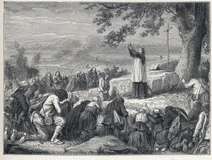 Guerras de Vendée (1793-1796): sacerdote inserta celebrando una misa bajo un roble para la población insurgente que rechaza a los sacerdotes jurados. Grabado de 1889. Colección privada de French School
