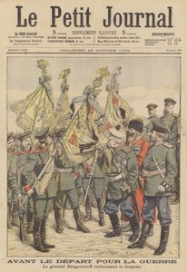 El veterano general ruso Mikhail Dragomirov besa la bandera de un regimiento que parte hacia la guerra ruso-japonesa (litografía en color).