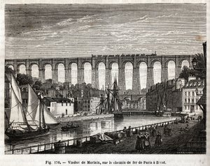 Viaducto de Morlaix, en el ferrocarril de París a Brest (Francia). Grabado por Lebreton y Marchand, en 