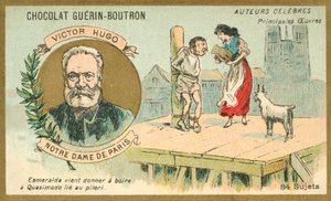 Victor Hugo, autor francés, y una escena de su novela Notre Dame de París de French School