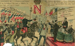 Víctor Napoleón (1862-1926) al frente de los partidarios bonapartistas, el último heredero de Napoleón I tuvo que exiliarse tras una ley aprobada por la Tercera República en 1886. Grabado en “Le Figaro, suplemento”, el 30/03/1889, París. de French School