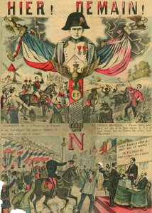 Victor Napoleón (1862-1926) a la cabeza de los partidarios de los Bonapartistas, el último heredero de Napoleón I tuvo que exiliarse a raíz de una ley aprobada por la Tercera República en 1886. Grabado, en "Le Figaro, suplemento", el 30/03/1889, París.