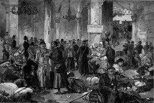 Viena 1882, el Salón de las Causas Perdidas del Norte Fahn: la repatriación de los judíos exiliados tras el apaciguamiento del movimiento antisemita que había ocurrido en Rusia, de "Le Monde Illustré" de French School