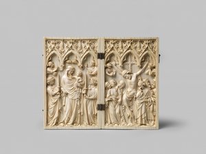 Vierge Glorieuse y Crucifixión díptico respaldo de ébano es posterior, siglo XIV