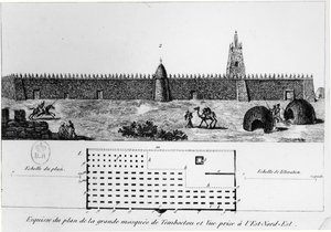 Vista y plano de la gran mezquita en Tombuctú, de Diario de un viaje a Tombuctú por René Caillié, 1830 de French School