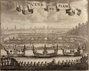 Vista de Ayutthaya con barcazas reales, de Voyage du Siam des Peres Jesuites por Guy Tachard, 1688