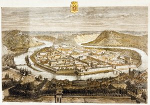 Vista de Besancon, Francia (grabado en color) de French School