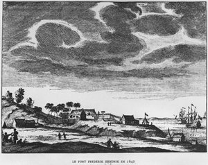 Vista de Fort Frederik Hendrik, Mauricio, en 1642, ilustración de Le Premier Etablissement Neerlandais a Maurice por el Príncipe Roland Bonaparte, 1890 de French School