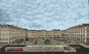 Vista del Palais-Royal y la Rue de Rivoli con una sección transversal de la estación de metro 1898