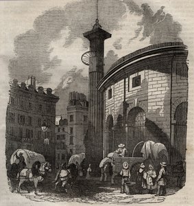 Vista de la halle au blé en París (construida en 1763-1769) y la columna de Medici, grabado a principios del siglo XIX - intercambio de trigo y maíz en París (construido en 1763-1769), grabado a principios del siglo XIX - Vista de la Halle au blé, ubicada  de French School