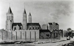 Vista de la Abadía de Saint-Germain-des-Prés a principios del siglo XV (litografía) (foto en blanco y negro)
