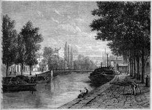 Vista del Canal Saint Martin, en París, antes de las transformaciones realizadas por Haussmann a mediados del siglo XIX. Vista tomada a la altura de la rue Saint Sebastien. Grabado en “Le Monde Illustré” n°233 del 28 de septiembre de French School