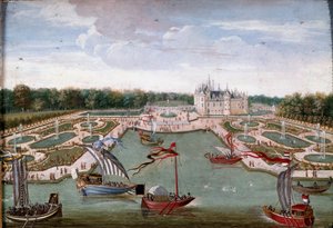 Vista del Chateau de Chantilly y los jardines tomados del Vertugadin de French School