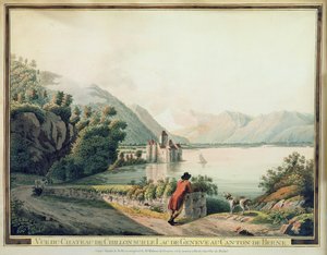 Vista del Castillo de Chillon, Lago de Ginebra (aguafuerte coloreado) de French School