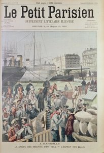 Vista de los muelles en Marsella durante la huelga marítima, de la portada de Le Petit Parisien, 21 de diciembre de 1902 de French School