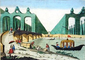 Vista de los jardines de Lord Hamilton hacia un puente sobre el río Támesis cerca de Londres