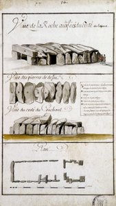 Vista de la Roche aux Fées desde el lado este, vista de las piedras de Defsu - en “Descripción histórica, topográfica y natural de Bretaña” por Robien