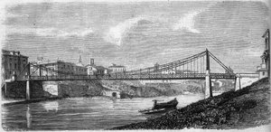 Vista del Puente de San Juan sobre el río Tíber en Italia, inaugurado en 1863. Este puente de acero fue diseñado por Alphonse Oudry. Grabado en 