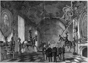 Vista de la sala de armas del Palacio de Turín (Italia) durante la visita del Rey Víctor Manuel II (Vittorio Emanuele) (1820-1878) y el Príncipe Napoleón (1822-1891)