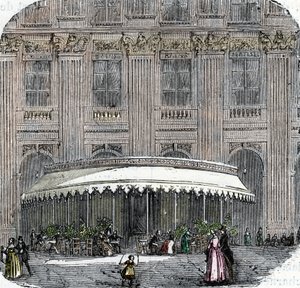Vista del café de la Rotonde en el Palais-Royal en París alrededor de 1860 (grabado coloreado) de French School