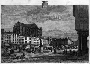Vista de la ciudad de Beauvais en el Oise. Grabado de 1880 en “La republique illustree” colección privada.
