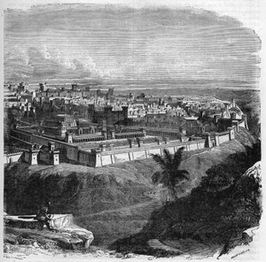 Vista de la ciudad de Jerusalén antes de la destrucción del templo. Grabado en 