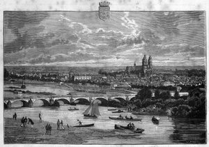 Vista de la ciudad de Tours en el Indre y Loira. Grabado de 1880 en 