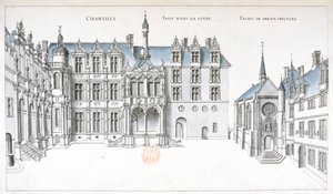 Vista del patio y la capilla en Chantilly (pluma, tinta y acuarela sobre papel) de French School