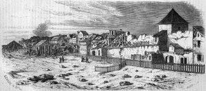 Vista del distrito de la ciudad de Kastrich, en Maguncia (Alemania), después de la explosión del polvorín en 1857. De una fotografía. Grabado en "Le Monde Illustré" n°36 del 19 de diciembre de 1857. de French School