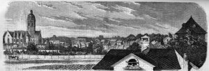 Vista del distrito de la ciudad de Kastrich, en Mainz (Alemania), antes de la explosión del polvorín en 1857. De una fotografía. Grabado en “Le Monde Illustré” n°36 del 19 de diciembre de 1857.