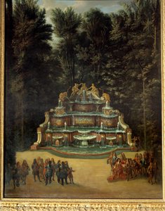 Vista de la fuente del Buffet de Agua en los jardines del Gran Trianón en 1713 de French School