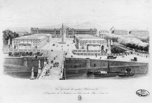 Vista de los cuatro edificios de la Exposición de la Industria en París, Place Louis XV, 1834