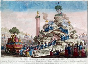 Vista de la montaña elevada en el campo de la Reunión. 20 año prerial II (8/06/1794) con motivo de la Fiesta del Ser Supremo Grabado anónimo de 1794. París, Museo Carnavalet