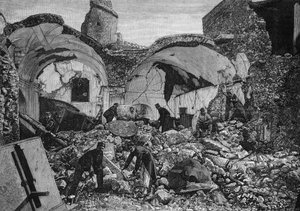 Vista de las ruinas de la Chiesa del Purgatorio, destruida durante el terremoto de 1881 en la isla de Ischia (Italia). Grabado por Quesnel en “Le Monde Illustré” n°1254 del 9 de abril de 1881.