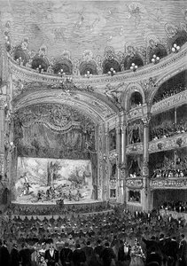 Vista de la sala del teatro Bellecour, en Lyon, construida por Jules Chatron (1831-1884) en 1879. Grabado en "Le Monde Illustré" n°1176 del 11 de octubre de French School