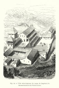Villa merovingia del tiempo de Dagoberto I, Reconstitución de M Viollet-le-Duc (grabado) de French School
