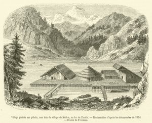 Pueblo galo sobre pilotes, cerca del pueblo de Meilen, en el lago de Zúrich
