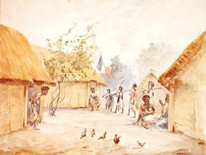 Pueblo en Madagascar en la época de su conquista por Francia en 1895-96 de French School