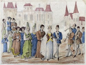 Boda en el pueblo bajo Carlos V - Grabado del siglo XIX. de French School