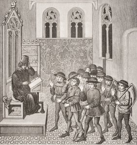 Villanos recibiendo las órdenes de sus señores antes de ir a trabajar, después de una miniatura en un manuscrito del siglo XV, de Le Moyen Age et La Renaissance de Paul Lacroix (1806-84) publicado en 1847 de French School