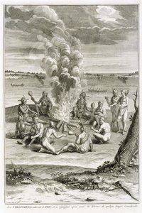 Virginianos Adorando el Fuego y Regocijándose por haber sido Liberados de un Peligro Considerable, ilustración de Ceremonias y Costumbres Religiosas, grabado por Bernard Picart, 1721 de French School