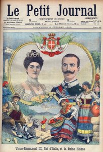 Vittorio Emanuele III di Savoia y Elena di Savoia - Rey Víctor Manuel III y Reina Elena de Italia. Víctor Manuel III, Rey de Italia, y Reina Elena. Ilustración para Le petit Journal, 5 de julio de 1903 de French School