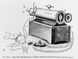 Aparato Farádico de Volta usado por Guillaume Benjamin Duchenne de Boulogne (1806-75) ilustración de Mécanisme de la Physionomie humaine ou analyse électrophysiologique des passions por Duchenne de Boulogne de French School